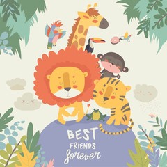 Wall Mural - Happy jungle animals. Best friends