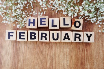 february alphabet letters on wooden background
