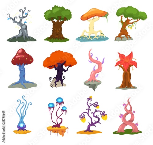 Magic tree vector fantasy forest with cartoon treetops and magical plants or ...
