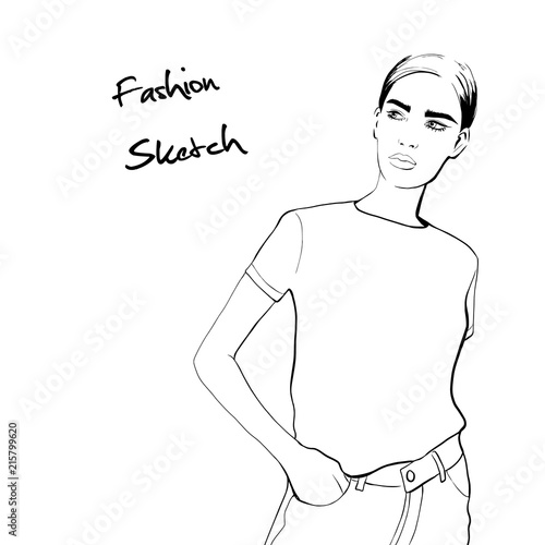 Fashion Woman Sketch Hand Drawn Beautiful Young Woman In Fashion Clothes T Shirt Jeans Fashion Model Posing Sketch Vector Illustration Fashion Style Youth Beauty Graphic Sketch Drawing Buy This Stock Vector,Girl Sketch Painting Ideas