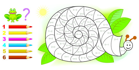 Educational page with exercises for children on addition and subtraction. Need to solve examples and to paint the snail in relevant colors. Developing skills for counting. Vector image.