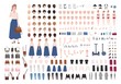 © Good Studio - Modern young woman constructor or animation kit. Collection of female character body parts, gestures, stylish clothing, gadgets isolated on white background. Flat cartoon vector illustration.