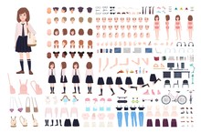 School Girl Constructor Or DIY Kit. Set Of Young Female Character Body Parts, Facial Expressions, Uniform Isolated On White Background. Front, Side And Back Views. Flat Cartoon Vector Illustration.