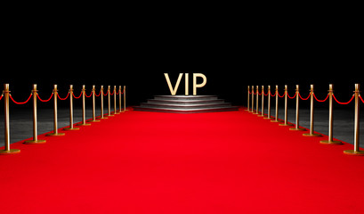 Red Event Carpet, Stair and Gold Rope Barrier Concept of Success and Triumph, 3d rendering