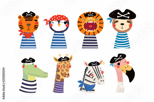 Set of cute funny little animals pirates lion, tiger, zebra, flamingo, pengui...