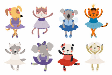 Set of cute funny little animals ballerinas cat, koala, panda, tiger, dog, wolf, sloth, elephant. Isolated objects on white. Vector illustration. Scandinavian style flat design. Concept children print