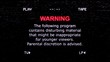 An old noisy VHS tape screen showing a warning message: the following program contains disturbing material, might be inappropriate for younger viewers; parental discretion is advised.
