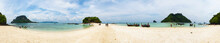 Panorama Of Chicken Island Tourist Beach, With Boats Anchored And Rock Formations, Thailand