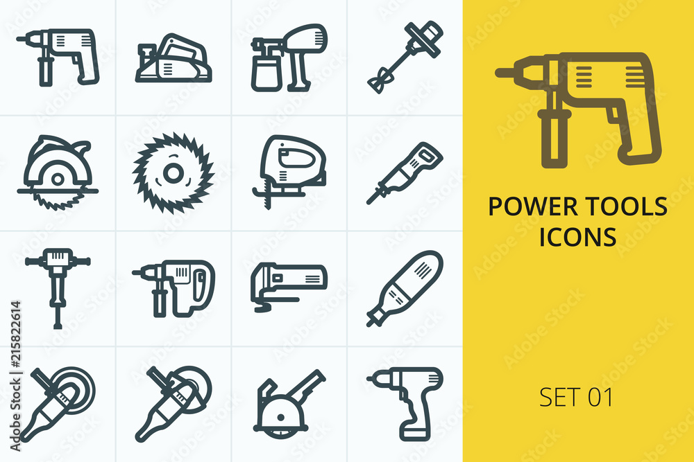 Power tools icons set - electric drill, planer, saw, grinder, hammer - obrazy, fototapety, plakaty 
