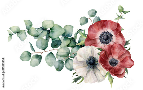 Cuadros en Lienzo Watercolor asymmetric bouquet with anemone and eucalyptus