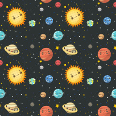 Wall Mural - vector seamless pattern the colorful solar system. sun and planets on orbit with universe background