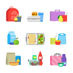 Canvas Print - Cartoon Color School Lunch Food Boxes Set. Vector