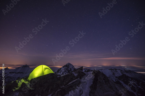 Winter Camping In High Alpine Mountain Landscape High Tatra Slovakia Lid Tent Shining On A Mountian Ridge Stars Starry Night Winter Climbing And Mountaineering Buy This Stock Photo And Explore Similar