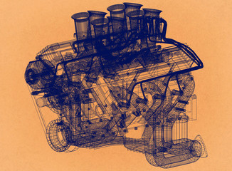 Wall Mural - Car Engine - Retro Architect Blueprint