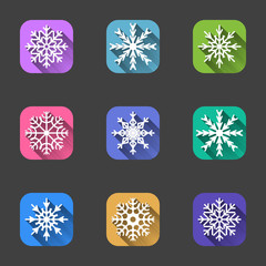 Wall Mural - set of snowflake icons on multi-colored square backgrounds for applications and the internet. vector