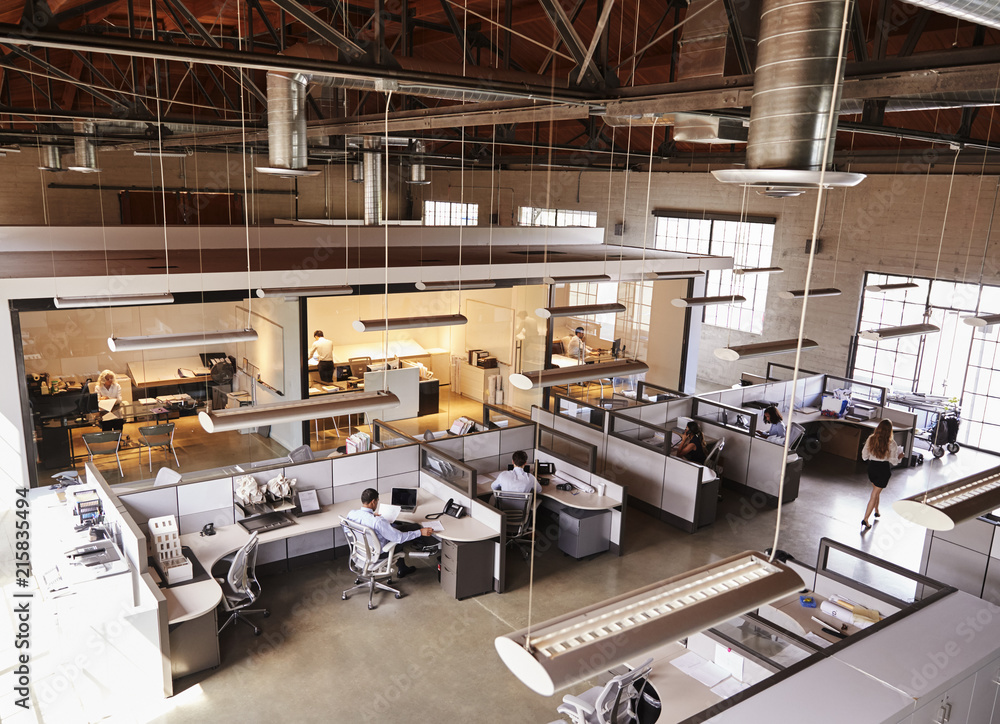 Elevated view of a busy open plan office Stock Photo | Adobe Stock
