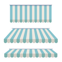 A Set Of Striped Awnings, Canopies For The Store. Awning For The Cafes And Street Restaurants. Vector Illustration Isolated On White Background.