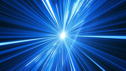 Wall Mural - Beautiful Space Travel Through Stars Trails Spinning. Abstract Hyperspace Jump Blue Color to Big Star. Digital Design Concept. Looped 3d Animation of Glowing Lines 4k UHD 3840x2160.