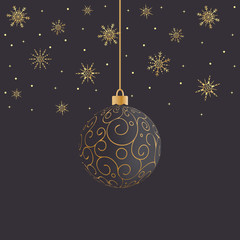 Vector  hanging black and gold Christmas ball with gold snowflak