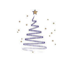 Merry Christmas and Happy New Year greeting card. Stylized  Christmas tree decorated with golden stars on a white background. Vector illustration.