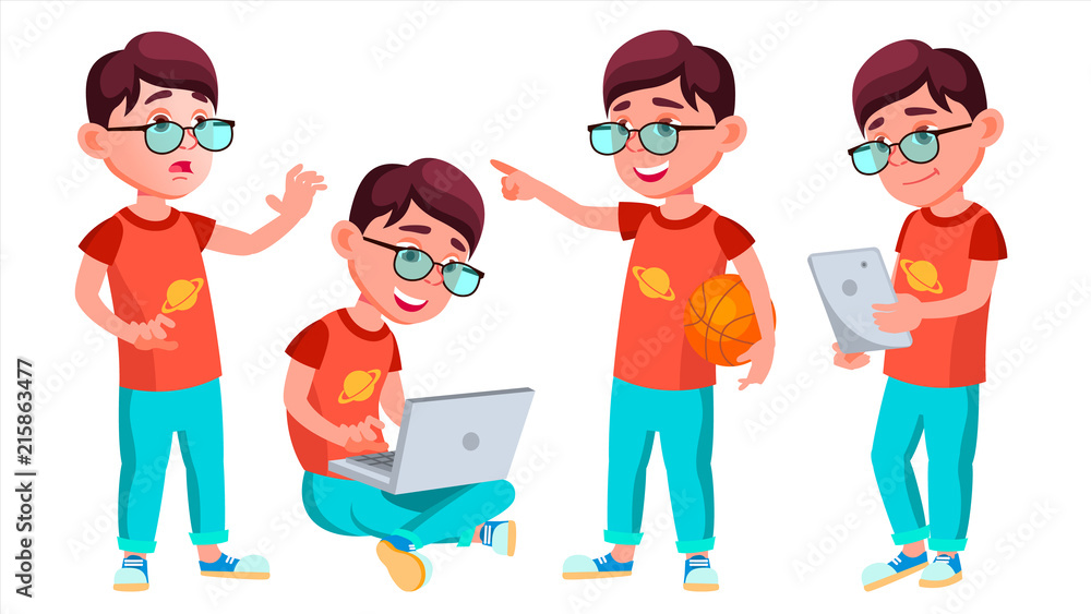 Boy Schoolboy Kid Poses Set Vector. Primary School Child. Clever ...
