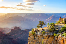 Hiker In Amazing Landscape Scenery Of South Rim Of Grand Canyon National Park, Arizona, United States