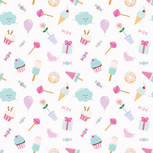 Girly Pattern Background With Sweets And Cute Elements. Pastel Pink And Blue. Raster