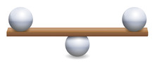 Unstable Balance With Three Iron Balls And A Wooden Board. Symbolic For Instability, Uncertainty, Insecurity Or A Delicate Balancing Act. Isolated Vector Illustration On White Background.