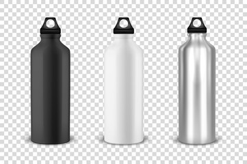 Wall Mural - Vector realistic 3d black, white and silver empty glossy metal water bottle with black bung icon set closeup on transparency grid background. Design template of packaging mockup for graphics. Front