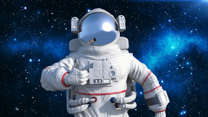 Wall Mural - astronaut in spacesuit showing thumbs up, cosmonaut floating in space, close up view, 3d rendering