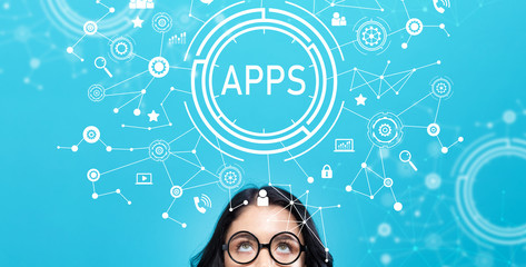 Apps with young woman on a blue background