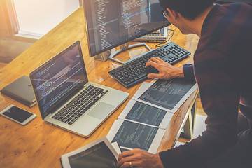 Wall Mural - programmer working in a software development and coding technologies. website design.technology conc