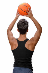 Wall Mural - Teenager  with sportswear playing basketball. White background.