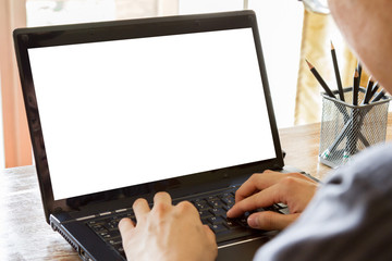 business man using laptop computer with blank screen