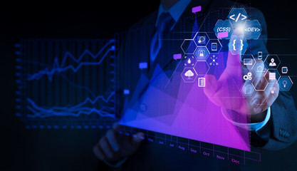Fototapete - businessman hand drawing virtual chart business on touch screen