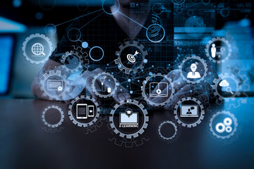 Poster - Businessman hand using mobile phone with digital layer effect as business strategy concept