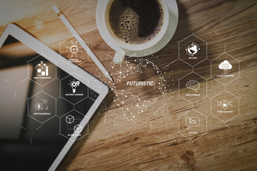Leinwandbilder - Coffee cup and Digital table dock smart keyboard,eyeglasses,stylus pen on wooden table,filter effect
