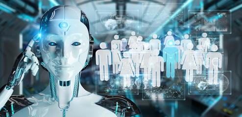 Leinwandbilder - White cyborg controlling group of people 3D rendering