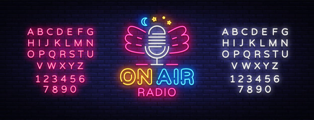 Wall Mural - On Air Radio Neon Logo Vector. Radio neon sign, design template, modern trend design, night neon signboard, night bright advertising, light banner. Vector illustration. Editing text neon sign