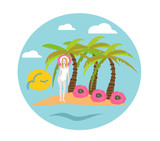 Fototapeta Pokój dzieciecy - Logo with exotic travel island in the ocean with palms, hand deawn digital illustration in circle