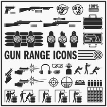 Set Of Gun Range Vector Bold Icon Design. Live Fire And Shooting Range Signs And Symbols.