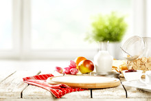 Continental Breakfast And Blurred Background Of White Window With Green Plant. Free Space For Your Decoration. 