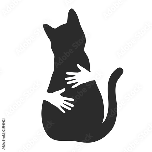Silhouette Of Cat And Hands Hug Human And Animal Friendship On A