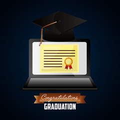 Wall Mural - congratulations graduation hat computer screen parchment ribbon sign vector illustration