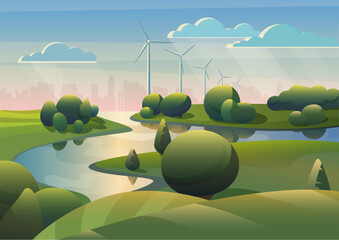 Wall Mural - green lands field landscape with river, wind turbines windmills and modern city under blue sky. ecol