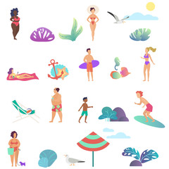 Wall Mural - Summer people activity in the ocean beach icons set. Modern gradient flat design vector illustration.