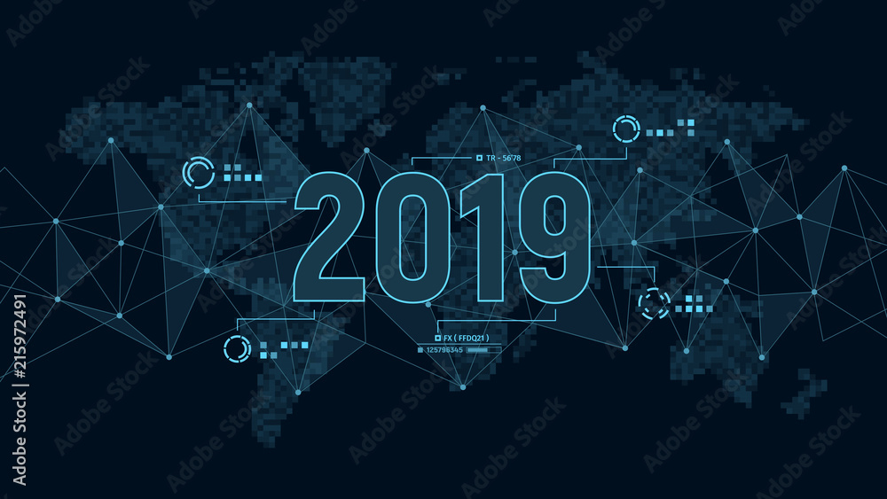Modern futuristic template for 2019 on background with polygons connection structure and world map in pixels. Digital data visualization. Business technology concept. - obrazy, fototapety, plakaty 