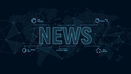 Modern futuristic template for news on background with polygons connection structure and world map in pixels. Digital data visualization. Business technology concept. Vector illustration