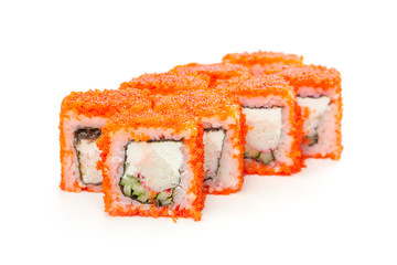 Rolls the delicious sushi on a white background.