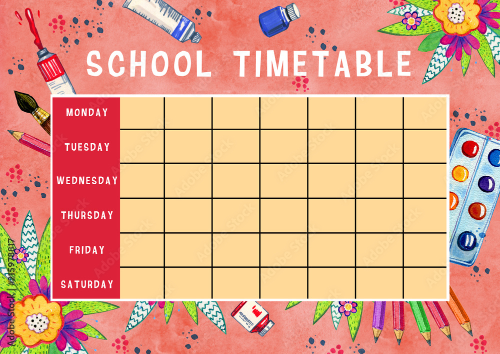 Weekly Timetable Drawing Template of school timetable with days of week and free spaces for ...